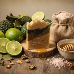 Sensoyore bergamot–lemon bar soap made with Canadian beeswax, honey, avocado oil, citrus essential oils, moringa powder, charcoal, kaolin clay, and Himalayan pink salt, displayed bergamot, lemon with dried Moringa Leaf, and natural ingredients by Sensosalve in Richmond BC.