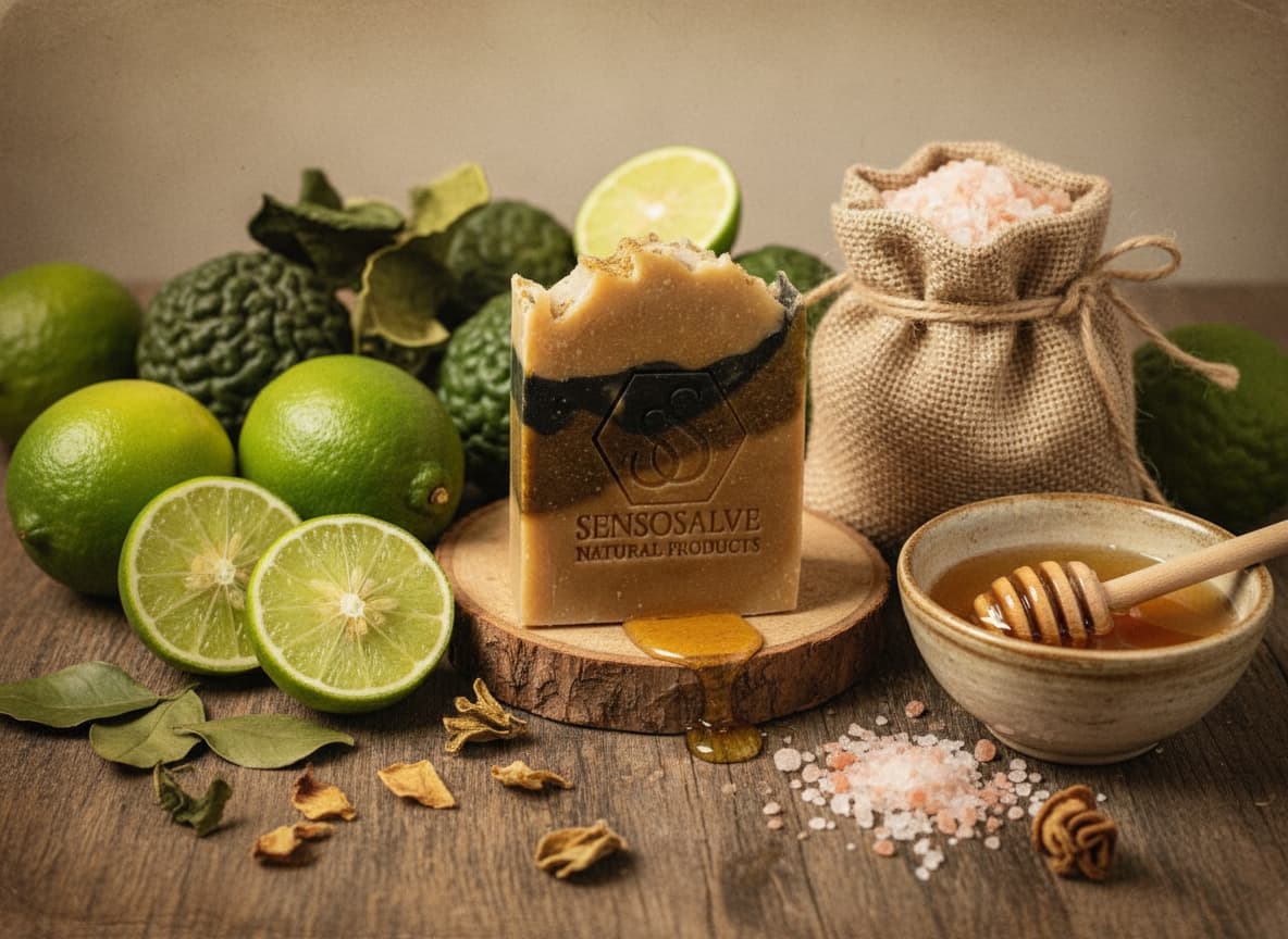 Sensoyore bergamot–lemon bar soap made with Canadian beeswax, honey, avocado oil, citrus essential oils, moringa powder, charcoal, kaolin clay, and Himalayan pink salt, displayed bergamot, lemon with dried Moringa Leaf, and natural ingredients by Sensosalve in Richmond BC.