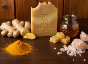 Handmade turmeric and ginger soap bar infused with turmeric powder, ginger essential oil, Canadian beeswax, honey, coconut oil, shea butter, cocoa butter, and Himalayan pink salt, crafted by Sensosalve in Richmond BC and inspired by scientific natural skincare.
