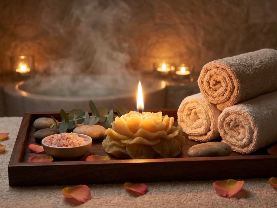 Canadian beeswax candle in a relaxing spa setting, handcrafted by Sensosalve in Richmond BC using pure beeswax for natural, eco-friendly home wellness.
