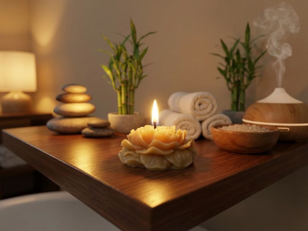 Canadian beeswax candle in a relaxing spa setting, handcrafted by Sensosalve in Richmond BC using pure beeswax for natural, eco-friendly home wellness.