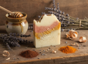Lavender soap bar made with Canadian beeswax, honey, avocado oil, natural botanical colorants like madder root and annatto, and dried lavender buds, handcrafted by Sensosalve in Richmond BC