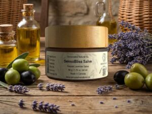 One Amber glass jar with vintage background containing 100% natural candian beeswax, olive oil, lavender essential oil—Canadian-made Sensosalve salve, candle, and soap, crafted in Richmond, BC.