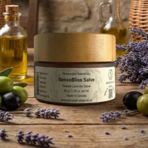 One Amber glass jar with vintage background containing 100% natural candian beeswax, olive oil, lavender essential oil—Canadian-made Sensosalve salve, candle, and soap, crafted in Richmond, BC.