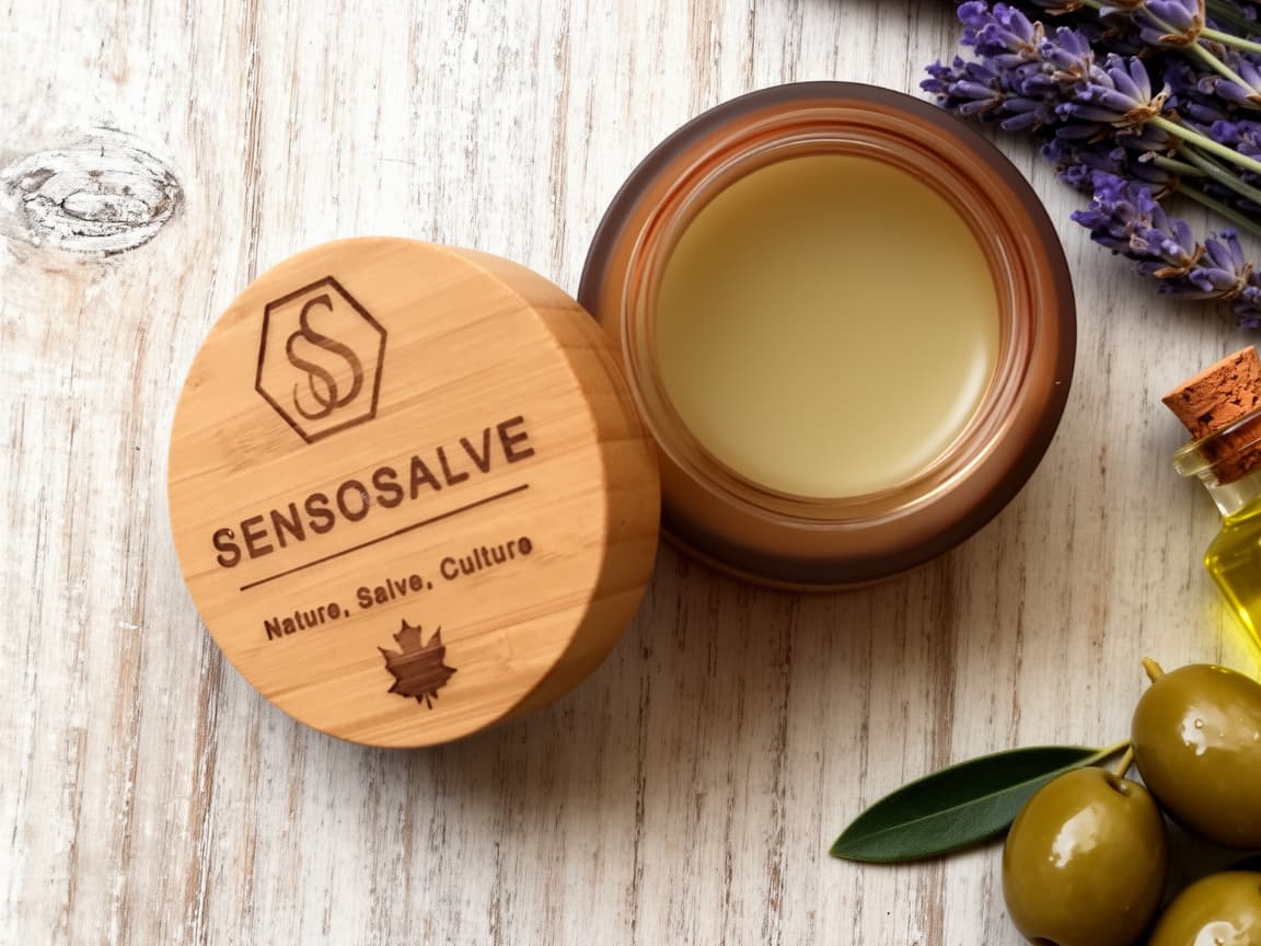 one-opened-amber-glass-jar-with vintage background containing 100% natural candian beeswax, olive oil, lavender essential oil—Canadian-made Sensosalve salve, candle, and soap, crafted in Richmond, BC..