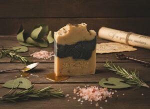 Rosemary–Eucalyptus Moringa bar soap made with Canadian beeswax, honey, essential oils, and natural plant powders, showcasing Sensosalve’s commitment to scientifically supported, eco-friendly Canadian-made skincare in Richmond, BC