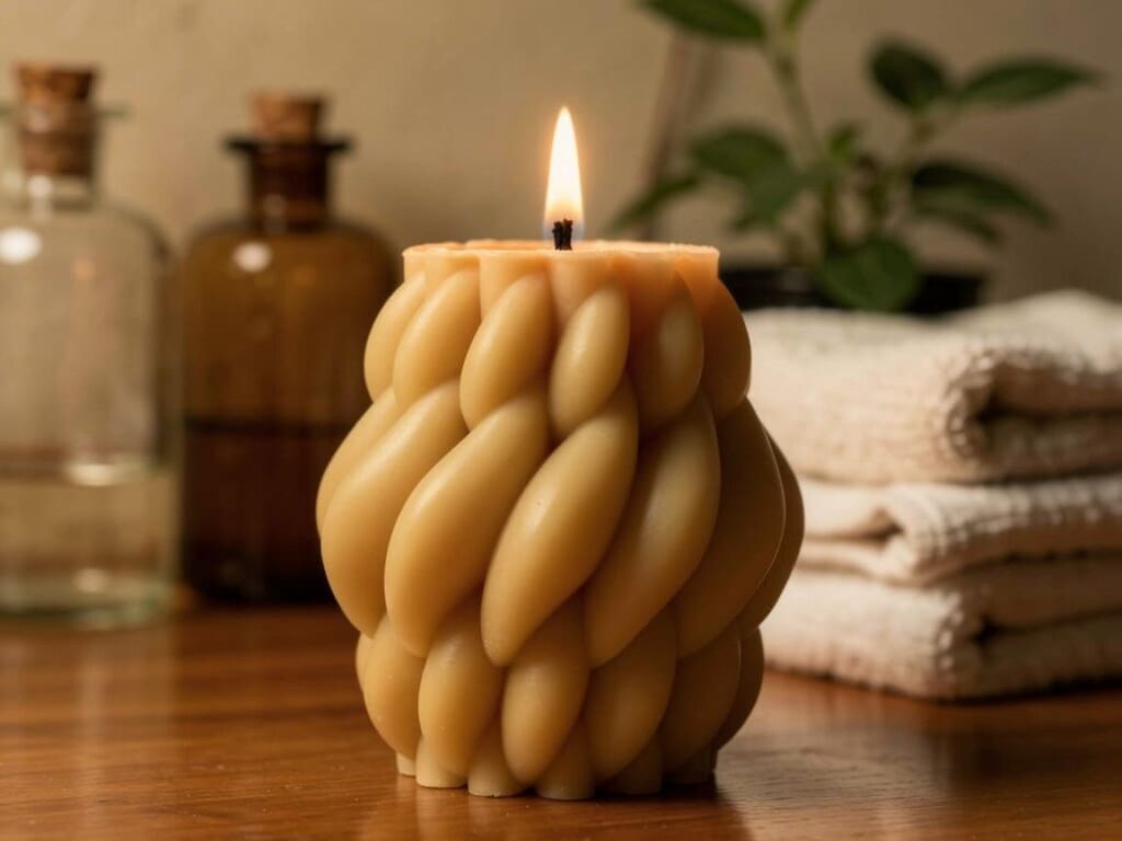 Beeswax candle with vintage background made from Canadian beeswax, highlighting Sensosalve’s commitment to quality, natural products, and environmentally responsible Canadian-made candles, soaps, and salves in Richmond, BC