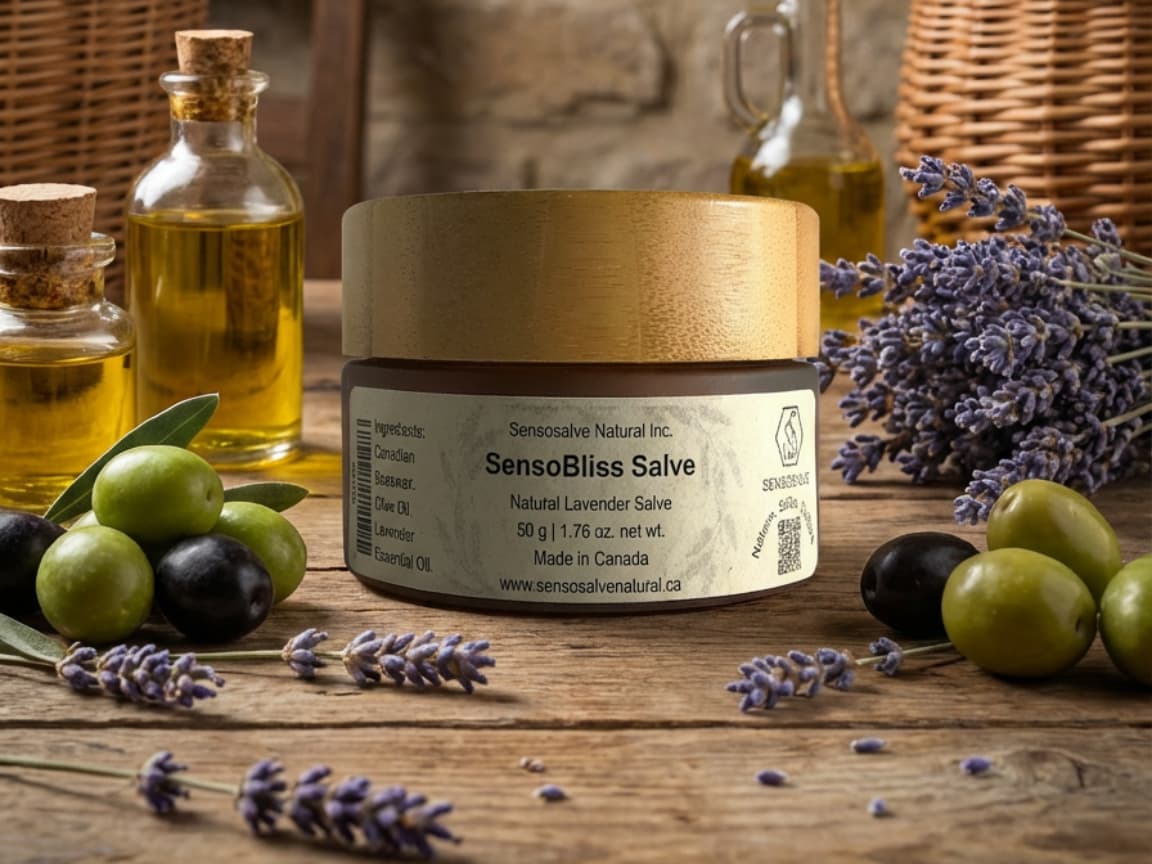 One Amber glass jar with vintage background containing 100% natural candian beeswax, olive oil, lavender essential oil—Canadian-made Sensosalve salve, candle, and soap, crafted in Richmond, BC.