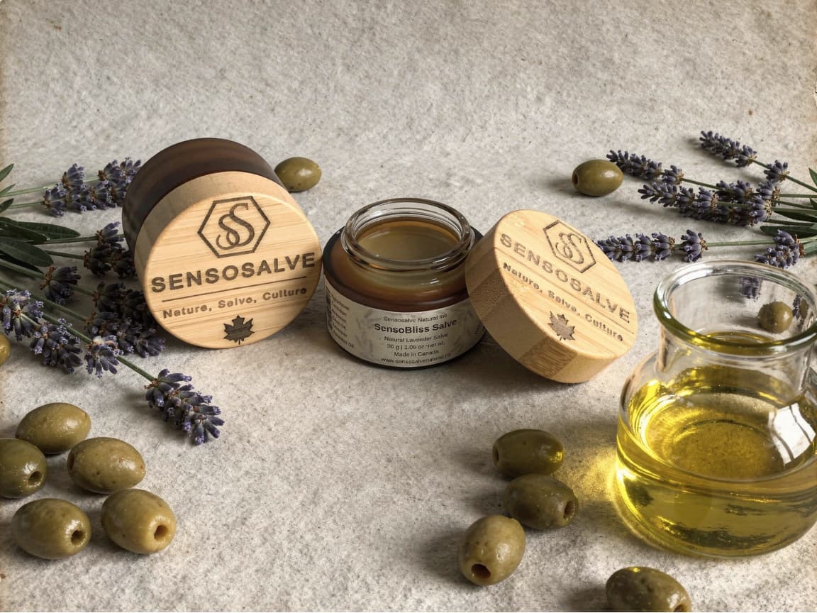 Two Amber glass jars with vintage background containing 100% natural candian beeswax, olive oil, lavender essential oil—Canadian-made Sensosalve salve, candle, and soap, crafted in Richmond, BC.