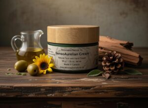 one-30-g-green-glass-jar-with-100-natural-tallow-lotion-olive-oil-lavender-patchouli-cedarwood-essential-oils-vintage-background-canadian-face-hand-cream-candle-soap-salve-sensosalve-richmond-bc.