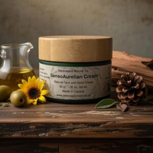 one-30-g-green-glass-jar-with-100-natural-tallow-lotion-olive-oil-lavender-patchouli-cedarwood-essential-oils-vintage-background-canadian-face-hand-cream-candle-soap-salve-sensosalve-richmond-bc.