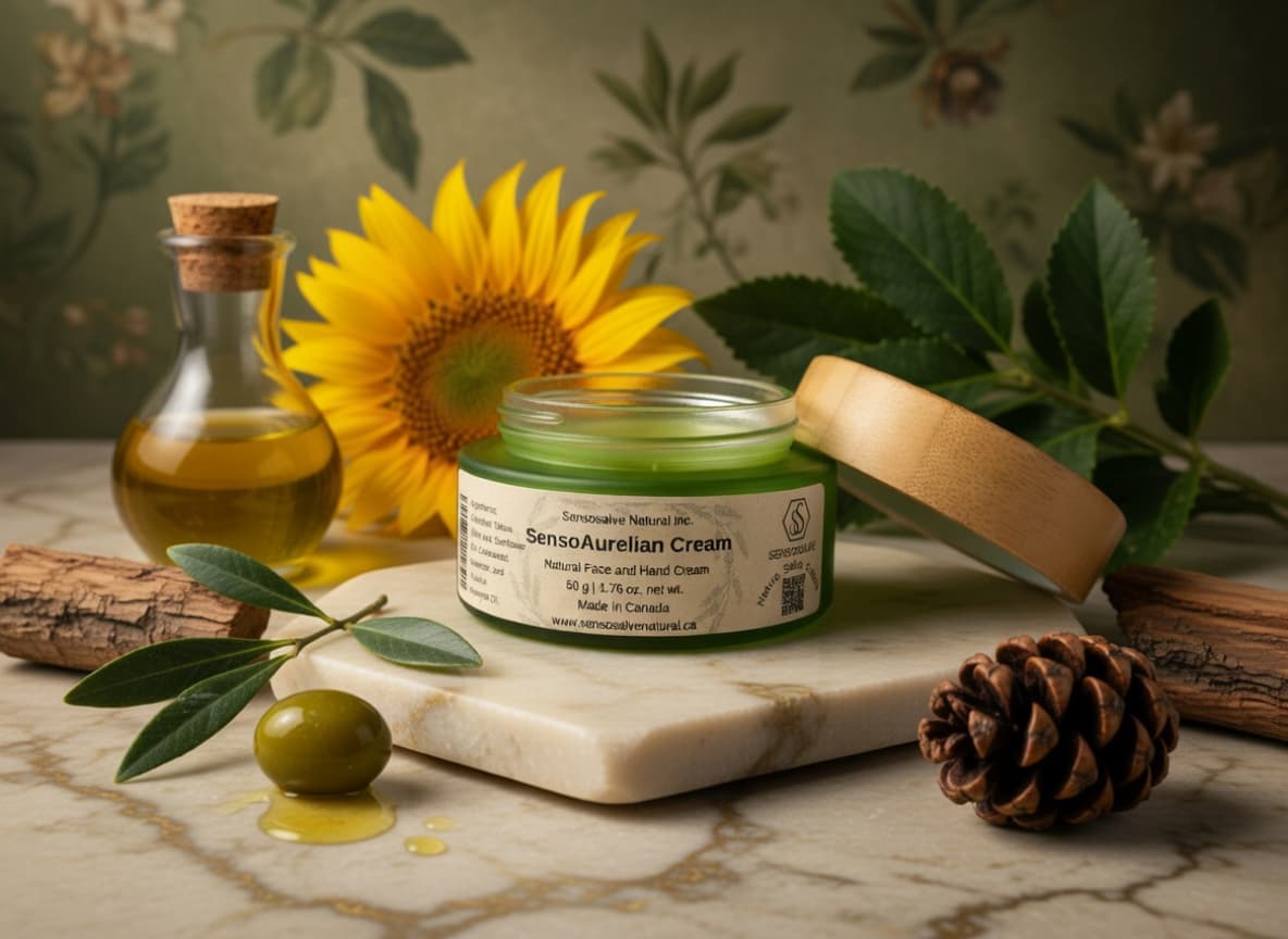 One Green glass jar with vintage background containing 100% natural tallow, olive oil, lavender, patchouli, and cedarwood essential oils—Canadian-made Sensosalve face and hand lotion, candle, soap, and salve crafted in Richmond, BC