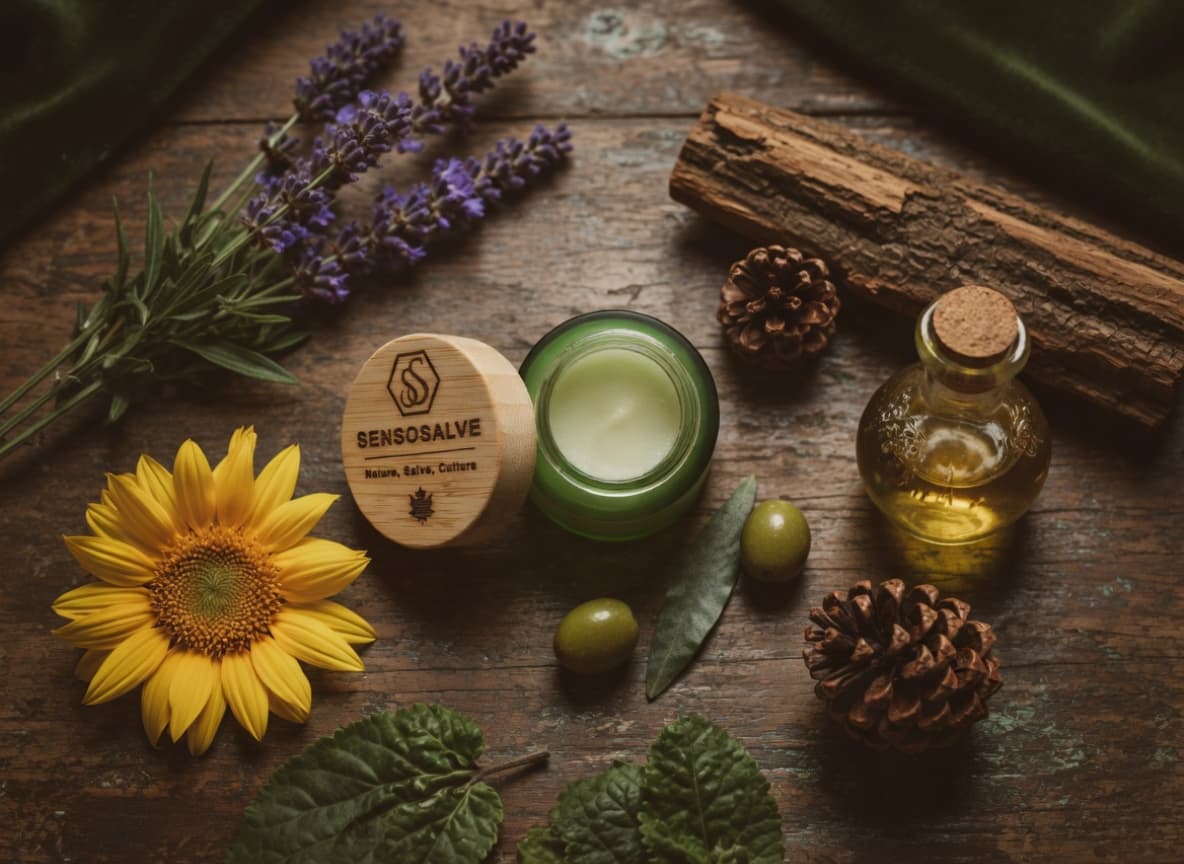 One opened 30-g-green-glass-jar-with-100-natural-tallow-lotion-olive-oil-lavender-patchouli-cedarwood-essential-oils-vintage-background-canadian-face-hand-cream-candle-soap-salve-sensosalve-richmond-bc.