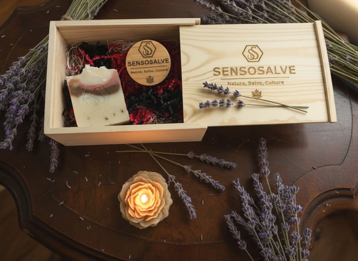 SENSOGENTLENESS natural skincare gift box with lavender soap, beeswax candle and lavender salve by Sensosalve Richmond BC Canada