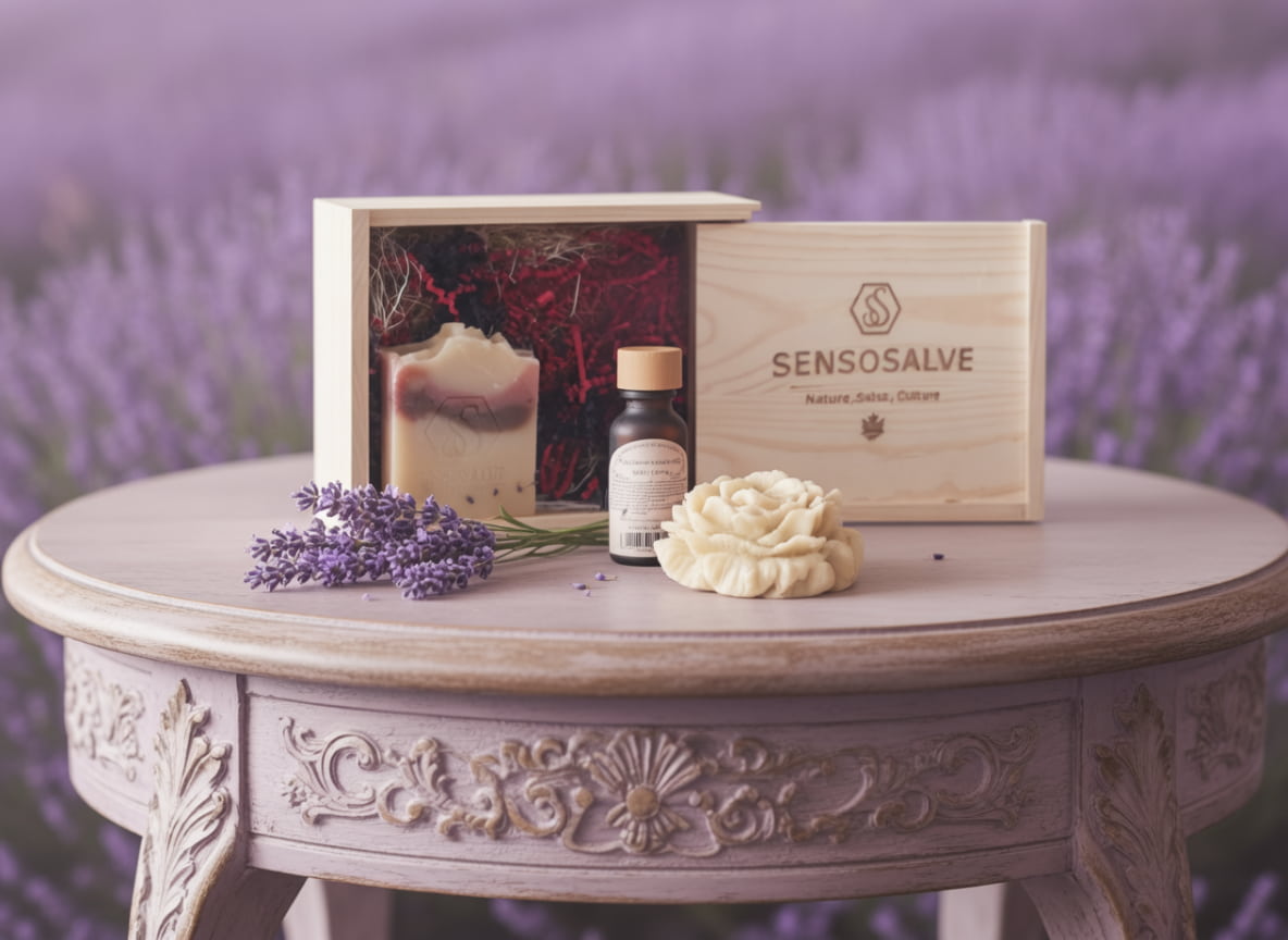 SENSOAMORE gift box featuring lavender bar soap, beeswax candle and essential oil by Sensosalve Richmond BC Canada