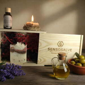 Canadian SENSOAMORE gift box with lavender soap, beeswax candle and lavender essential oil by Sensosalve Richmond BC Canada