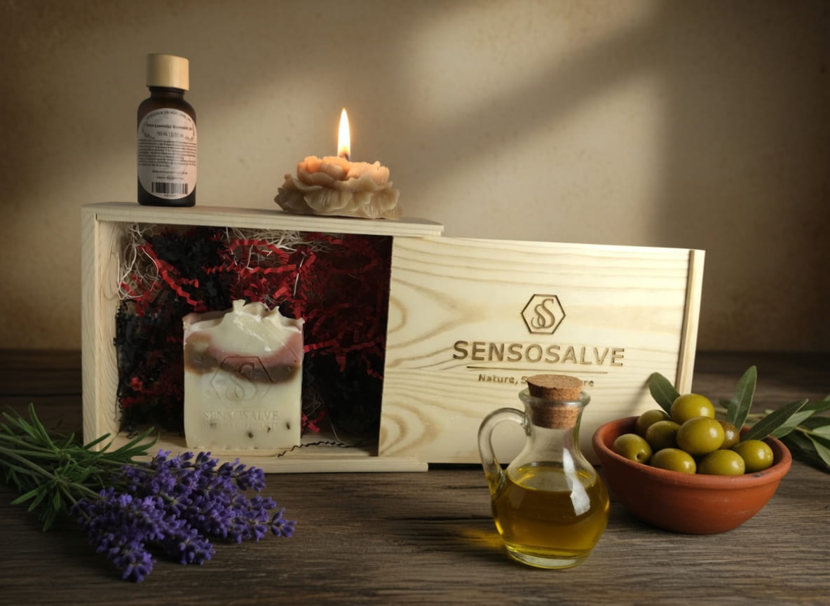 Canadian SENSOAMORE gift box with lavender soap, beeswax candle and lavender essential oil by Sensosalve Richmond BC Canada