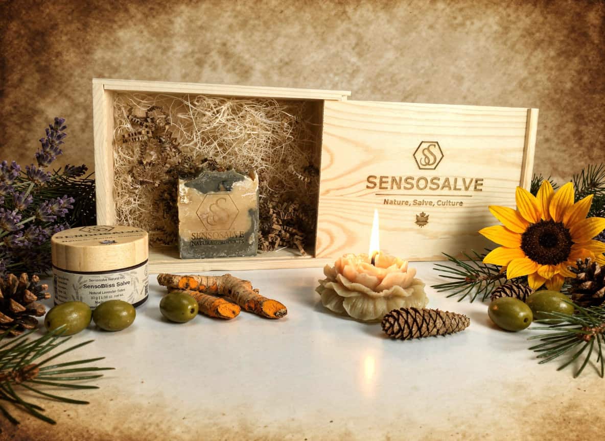 Canadian SENSODEVOTION gift box with pine tar soap, beeswax candle and beeswax and botanical lavender salve by Sensosalve Richmond BC Canada