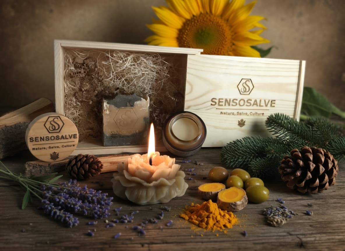 SENSODEVOTION pinewood skincare gift set with pine tar soap, candle and beeswax and lavender salve by Sensosalve Richmond BC Canada