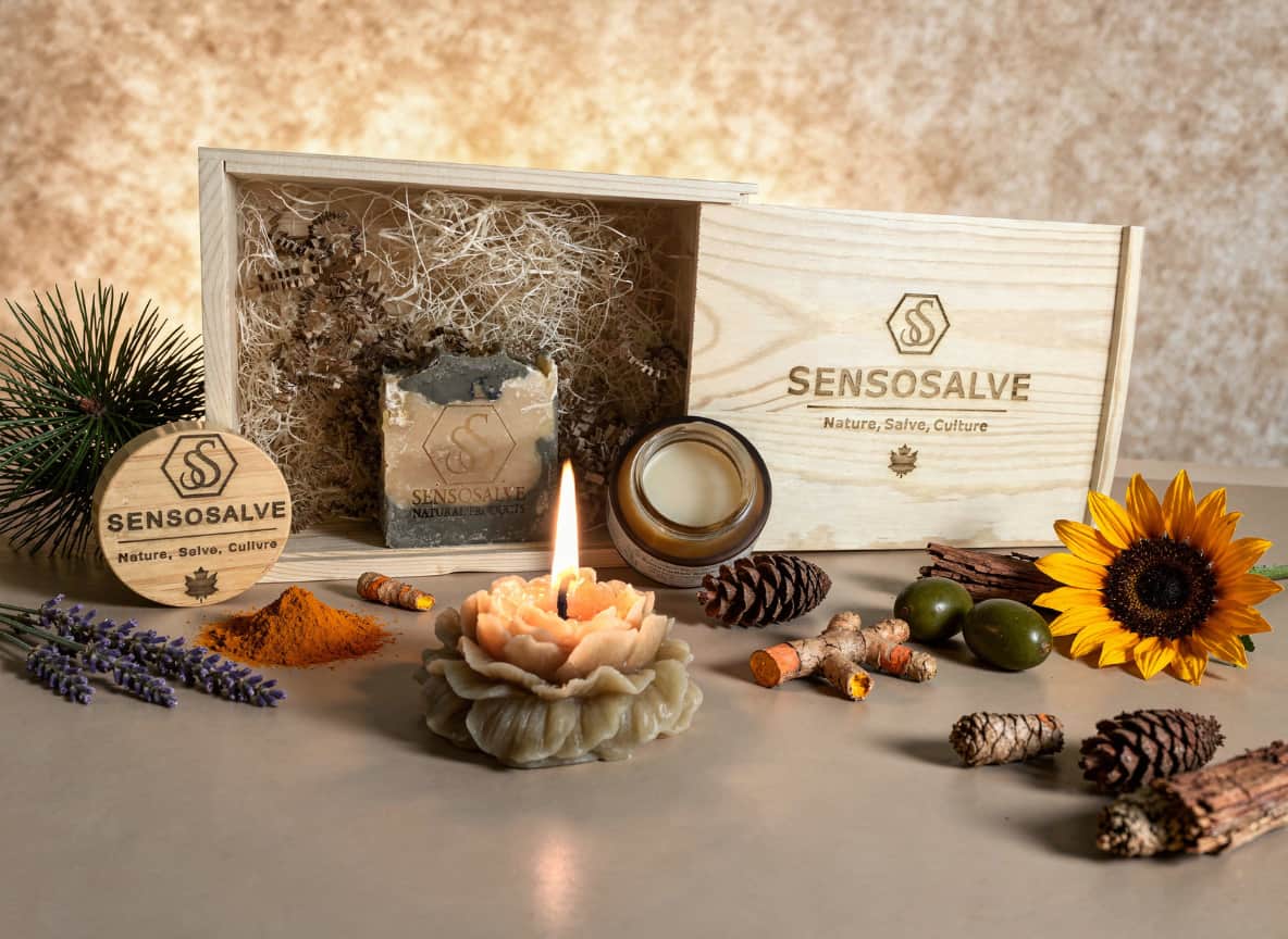 Natural SENSODEVOTION wooden gift box with pine tar soap, beeswax candle and lavender salve by Sensosalve Richmond BC Canada