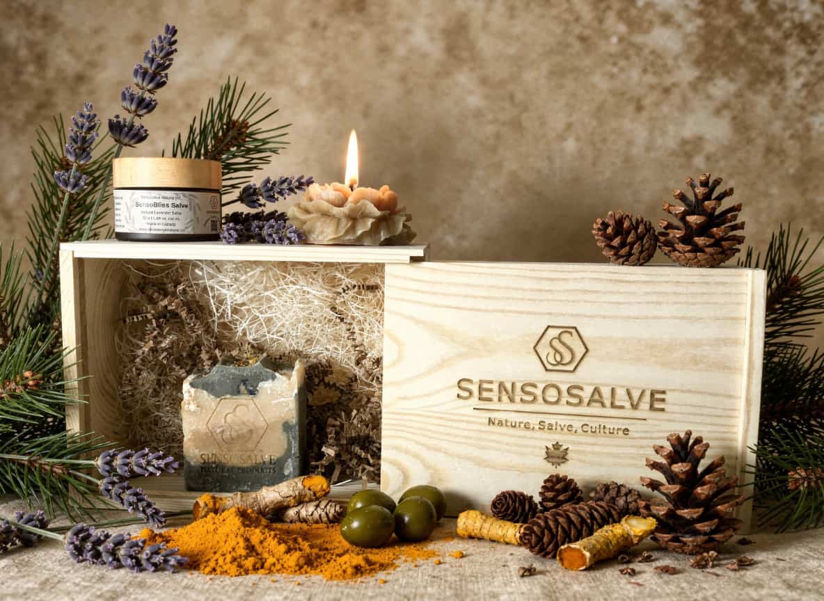 SENSODEVOTION pinewood gift box with pine tar soap, beeswax candle and lavender salve by Sensosalve Richmond BC Canada