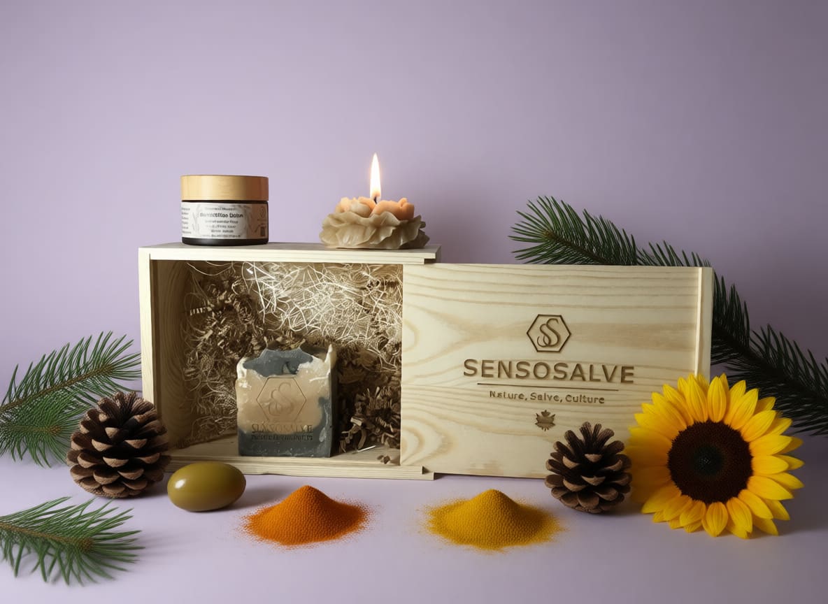 SENSODEVOTION pinewood gift box with pine tar bar soap beeswax candle and lavender beeswax salve in amber jar on vintage lavender and pine cone background – natural skincare by Sensosalve Richmond BC