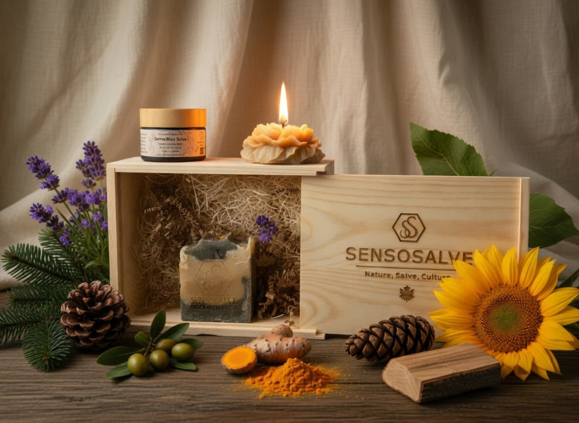 SENSODEVOTION gift box featuring pine tar bar soap, beeswax flower candle and SENSOBLISS lavender salve by Sensosalve Richmond BC Canada