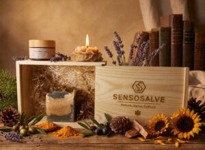 SENSODEVOTION eco gift box with pine tar soap, beeswax candle and beeswax and lavender salve on vintage background by Sensosalve Richmond BC Canada