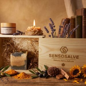 SENSODEVOTION eco gift box with pine tar soap, beeswax candle and beeswax and lavender salve on vintage background by Sensosalve Richmond BC Canada
