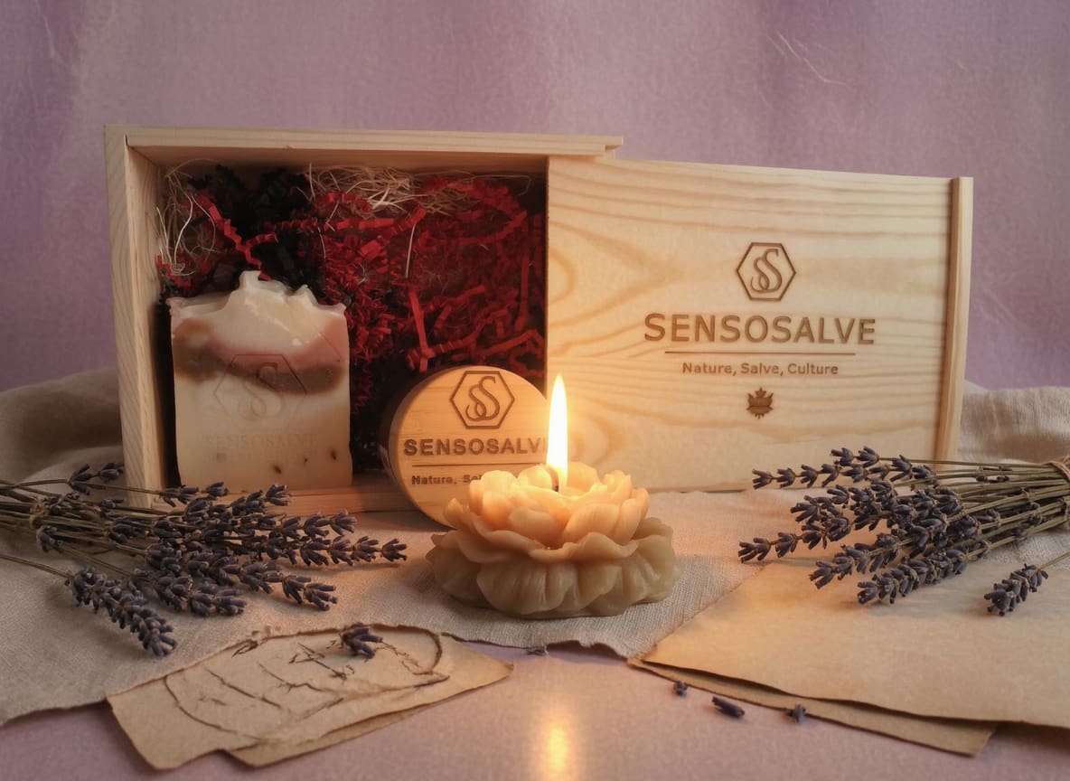 Natural SENSOGENTLENESS wooden gift box with lavender bar soap, beeswax candle and lavender salve by Sensosalve Richmond BC Canada