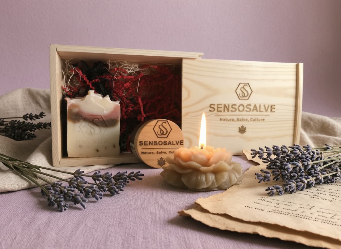 SENSOGENTLENESS gift box featuring SENSOBONHOMIE lavender soap, beeswax flower candle and SENSOBLISS salve by Sensosalve Richmond BC Canada