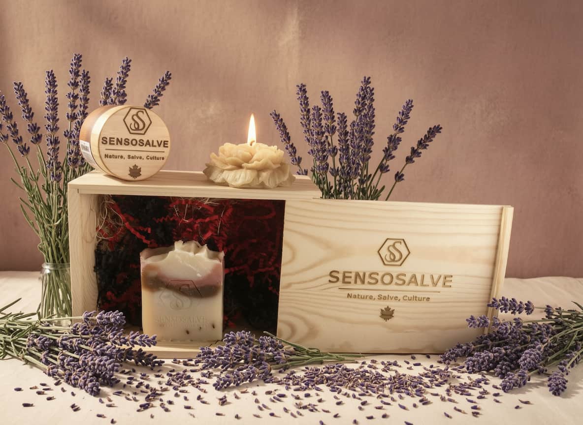 SENSOGENTLENESS pinewood gift box with lavender soap, beeswax candle and lavender salve by Sensosalve Richmond BC Canada