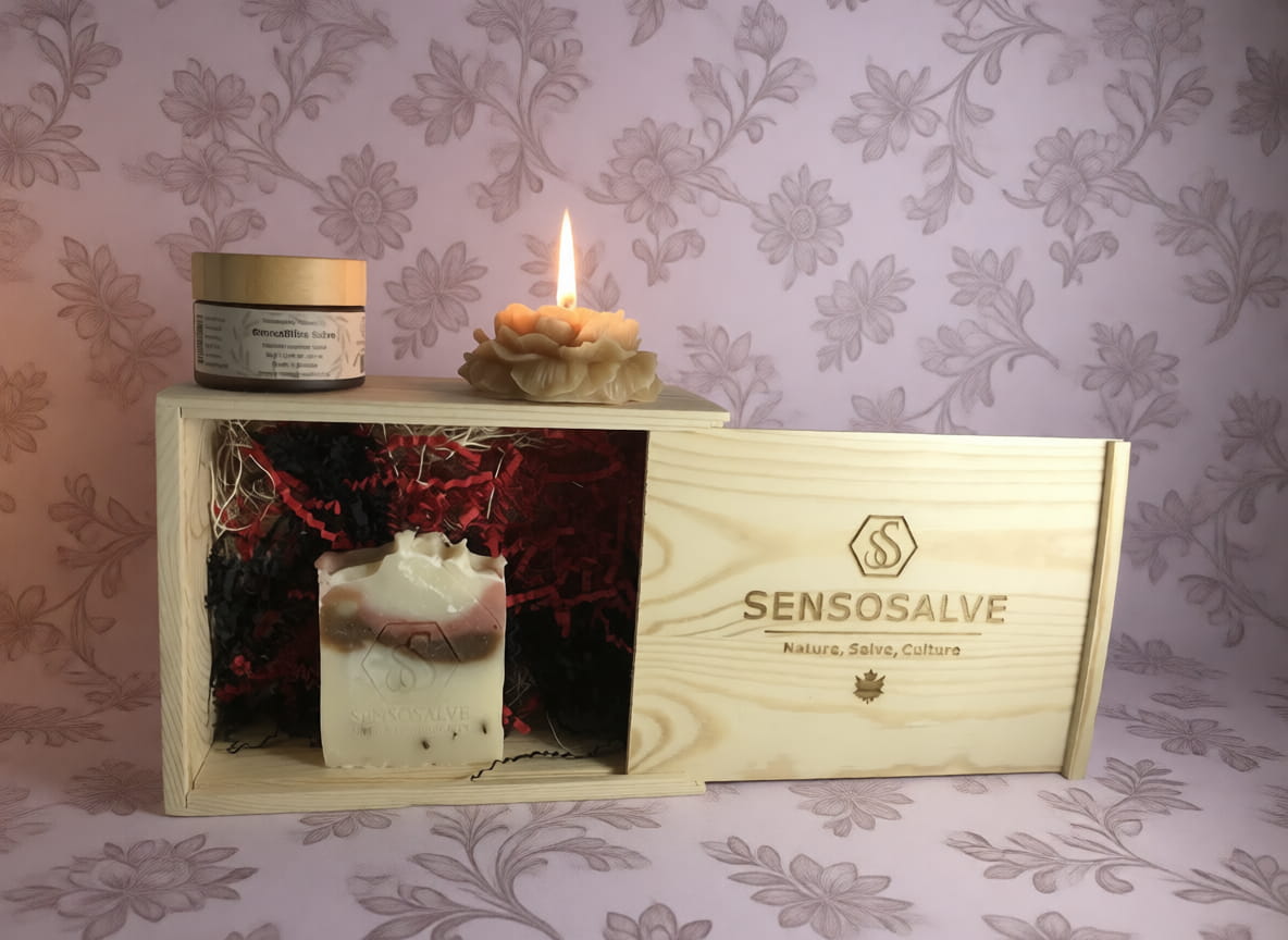 SENSOGENTLENESS pinewood skincare gift set with lavender soap, candle and lavender salve by Sensosalve Richmond BC Canada