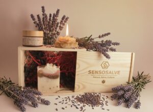 Canadian SENSOGENTLENESS gift box with lavender soap, beeswax candle and botanical lavender salve by Sensosalve Richmond BC Canada