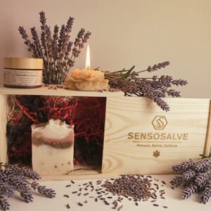 Canadian SENSOGENTLENESS gift box with lavender soap, beeswax candle and botanical lavender salve by Sensosalve Richmond BC Canada