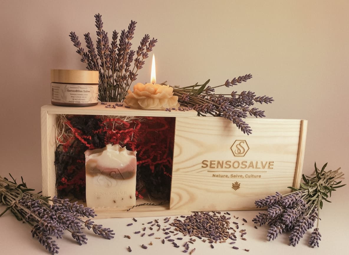 Canadian SENSOGENTLENESS gift box with lavender soap, beeswax candle and botanical lavender salve by Sensosalve Richmond BC Canada