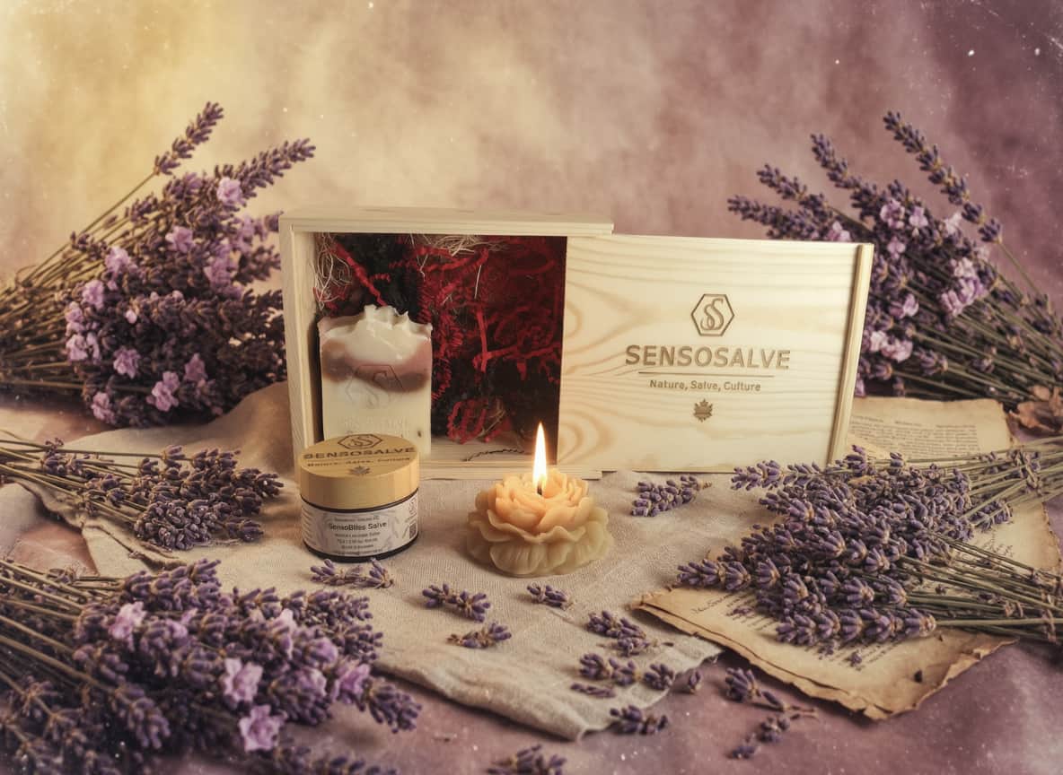 SENSOGENTLENESS pinewood gift box with lavender bar soap SENSOBONHOMIE, beeswax flower candle SENSOGOLDEN TRUTH and SENSOBLISS lavender salve in amber glass jar with bamboo lid on vintage lavender background – natural skincare by Sensosalve Richmond BC