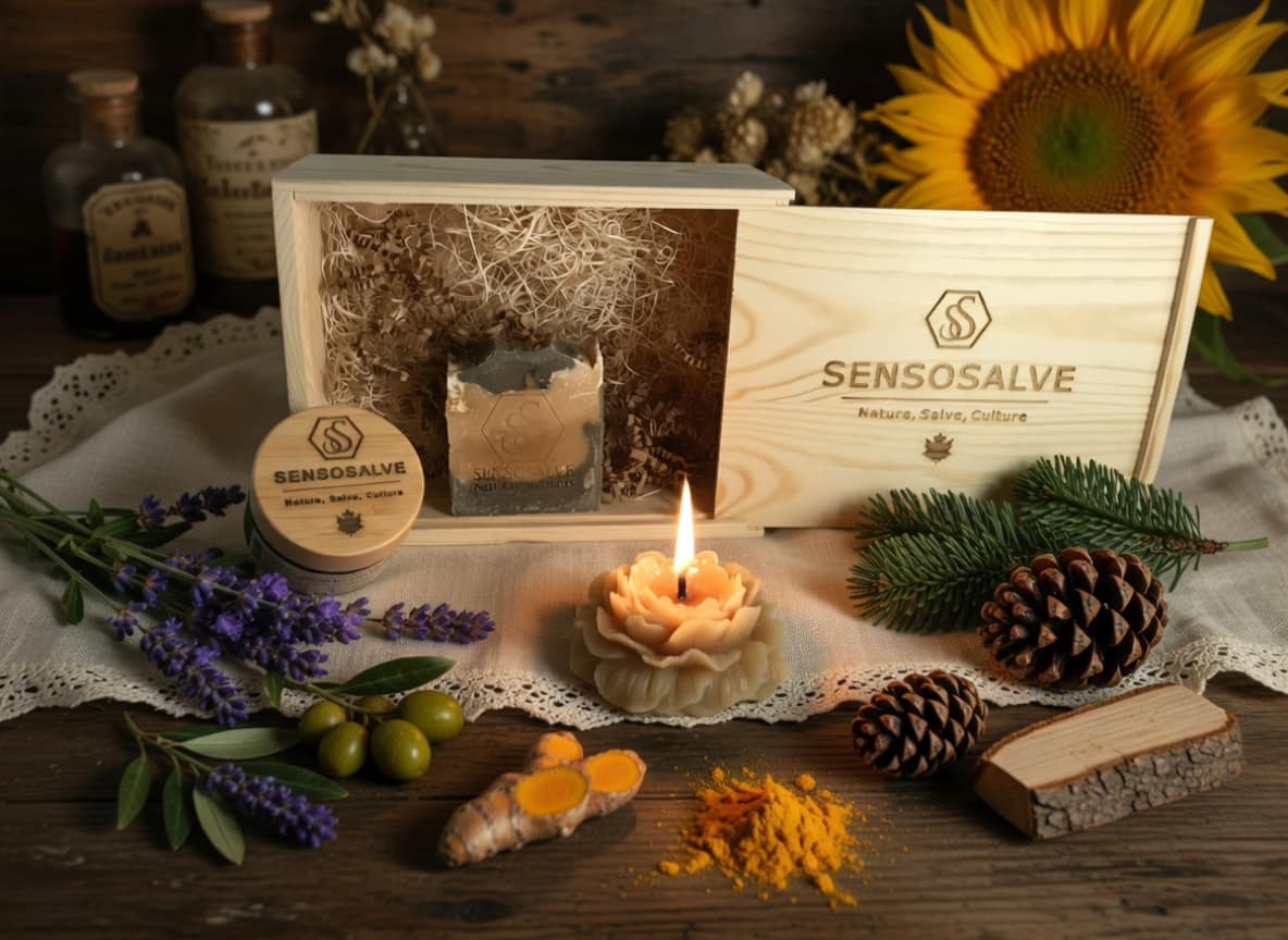 SENSORELIEF natural skincare gift box with pine tar soap, beeswax candle and tallow cream by Sensosalve Richmond BC