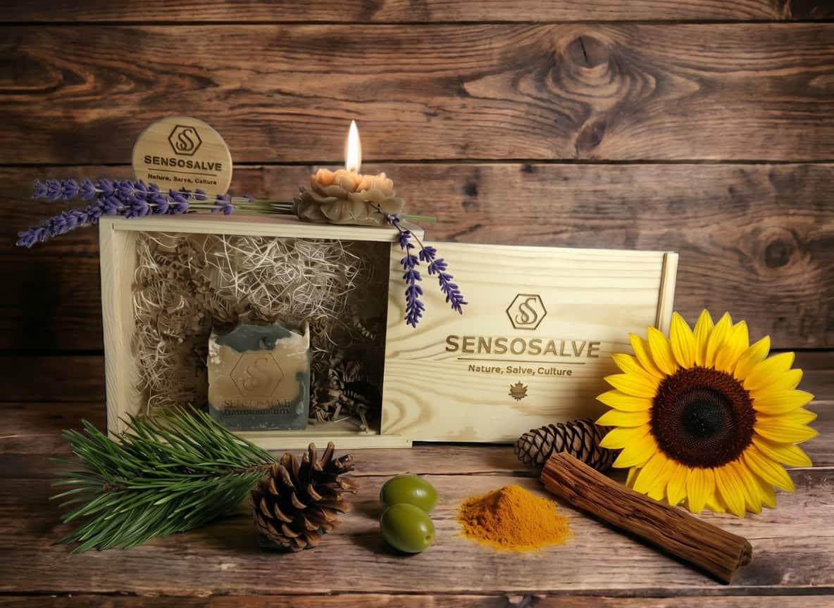 SENSORELIEF pinewood gift box with pine tar soap, beeswax candle and tallow cream by Sensosalve Richmond BC