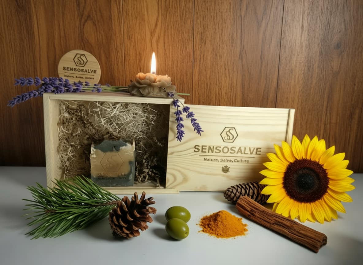 SENSORELIEF pinewood gift box with SENSORESILIENCE pine tar bar soap, SENSOGOLDEN TRUTH beeswax flower candle, and SENSOAURELIAN tallow cream in frosted green glass jar with bamboo lid on vintage lavender cedarwood and sunflower background – natural skincare by Sensosalve Richmond BC