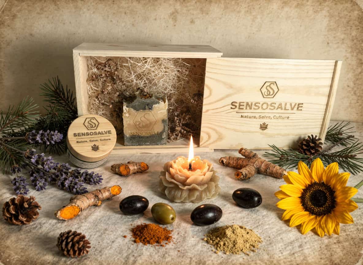 Canadian SENSORELIEF gift box with pine tar soap, beeswax candle and botanical tallow cream by Sensosalve Richmond BC