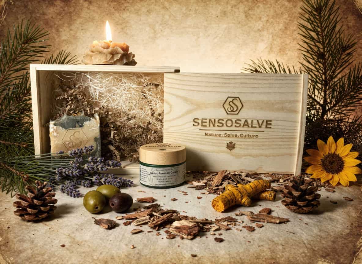 Handmade SENSORELIEF pinewood gift box with pine tar soap, beeswax candle and tallow cream by Sensosalve Richmond BC