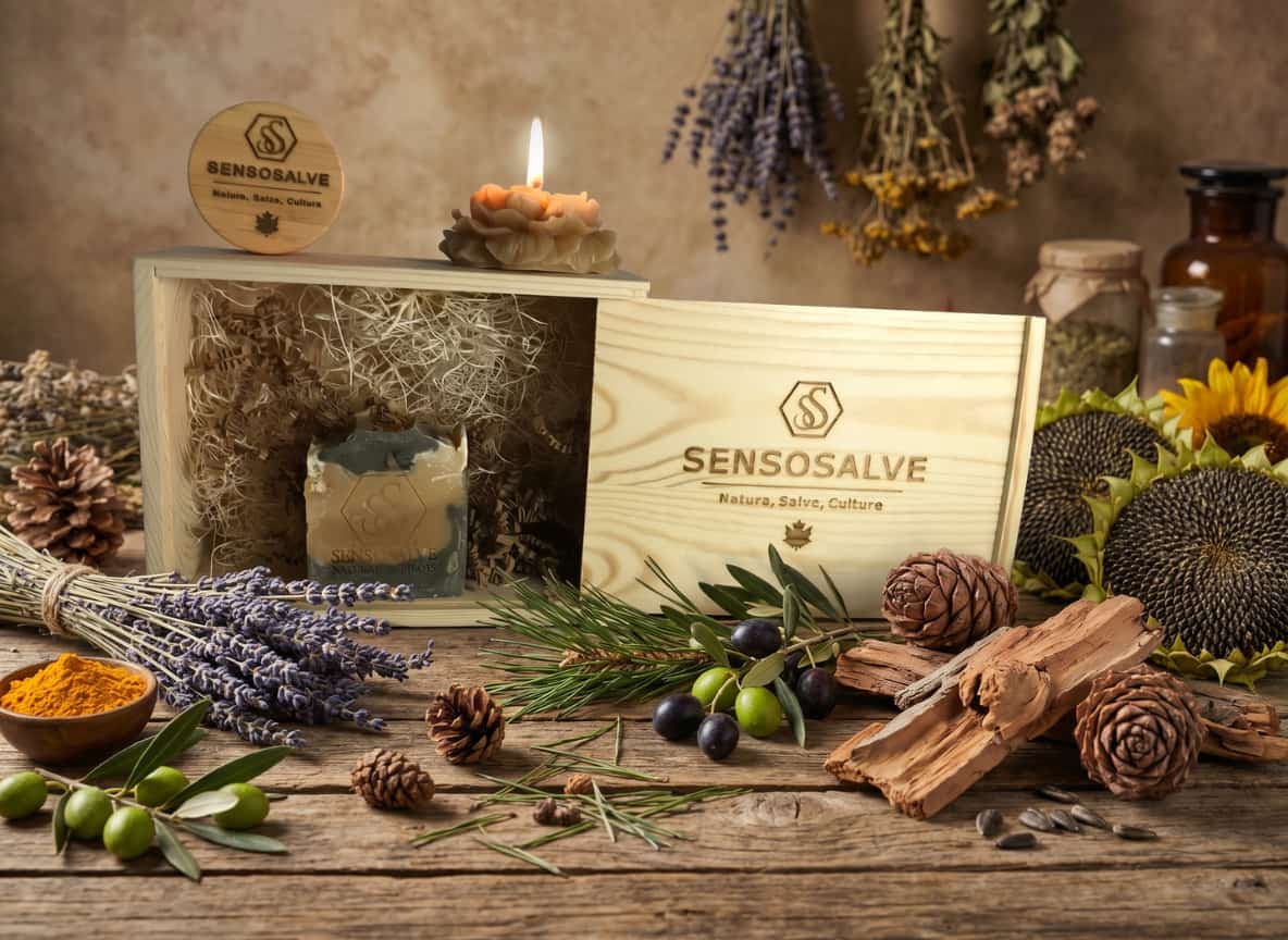 SENSORELIEF gift box featuring pine tar bar soap, beeswax flower candle and tallow cream in green jar by Sensosalve Richmond BC