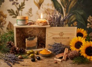 Natural SENSORELIEF wooden gift box with pine tar soap, beeswax candle and tallow cream by Sensosalve Richmond BC