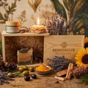 Natural SENSORELIEF wooden gift box with pine tar soap, beeswax candle and tallow cream by Sensosalve Richmond BC