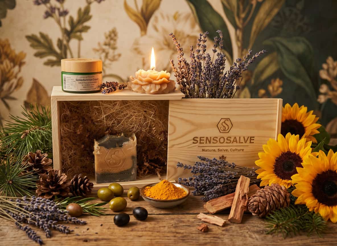 Natural SENSORELIEF wooden gift box with pine tar soap, beeswax candle and tallow cream by Sensosalve Richmond BC