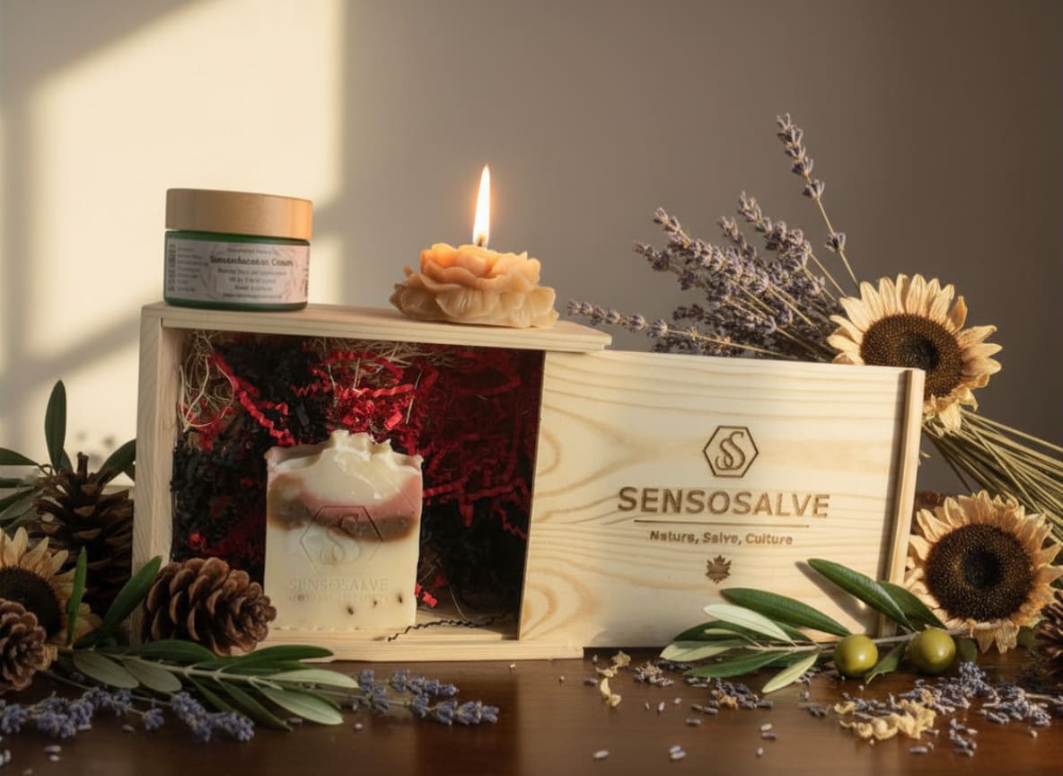 Canadian SENSOROOT gift box with lavender soap, beeswax candle and botanical tallow cream by Sensosalve Richmond BC