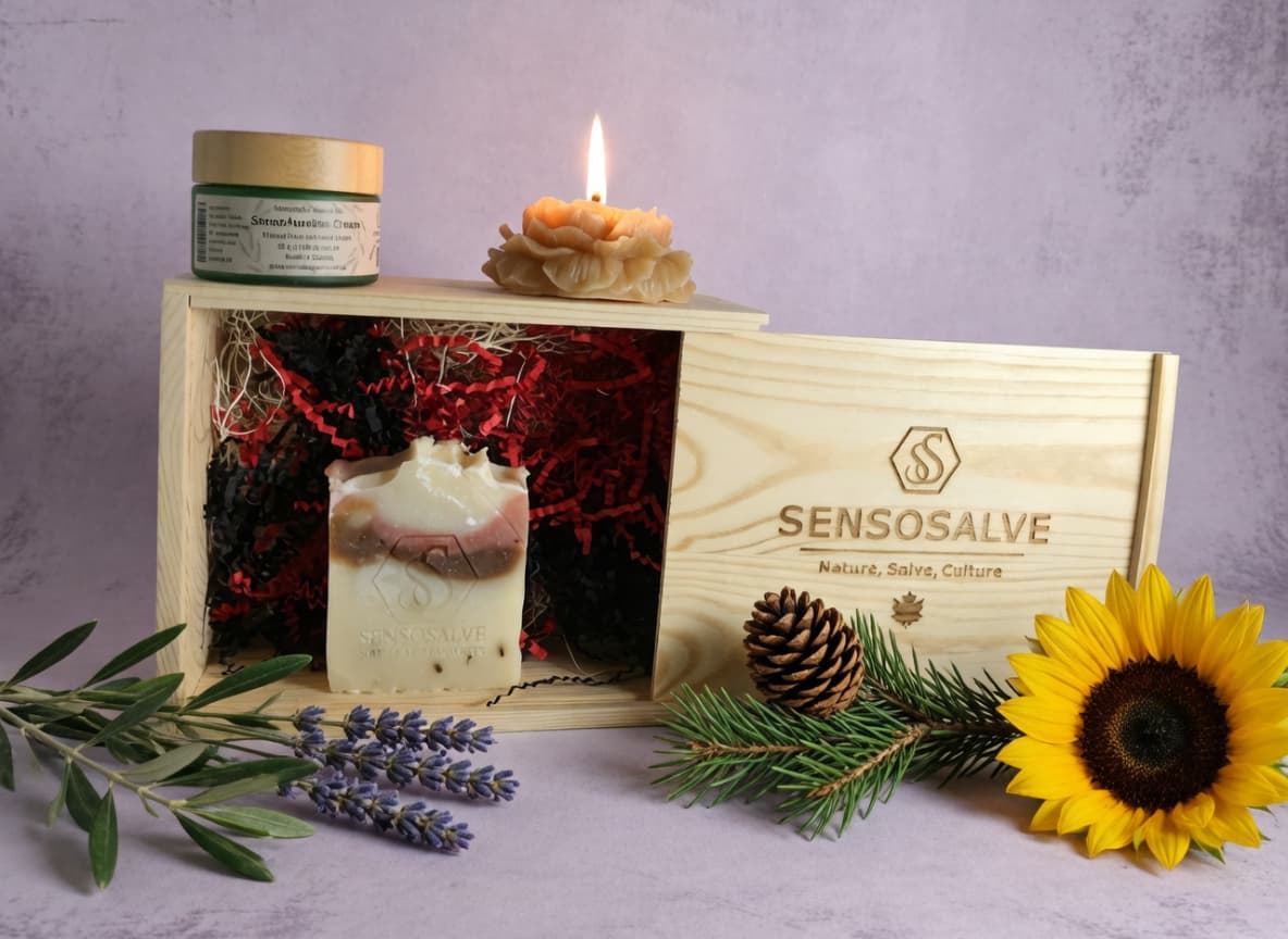 SENSOROOT pinewood gift box with SENSOBONHOMIE lavender bar soap, SENSOGOLDEN TRUTH beeswax flower candle, and SENSOAURELIAN tallow cream in frosted green glass jar with bamboo lid on vintage lavender cedarwood and sunflower background – natural skincare by Sensosalve Richmond BC
