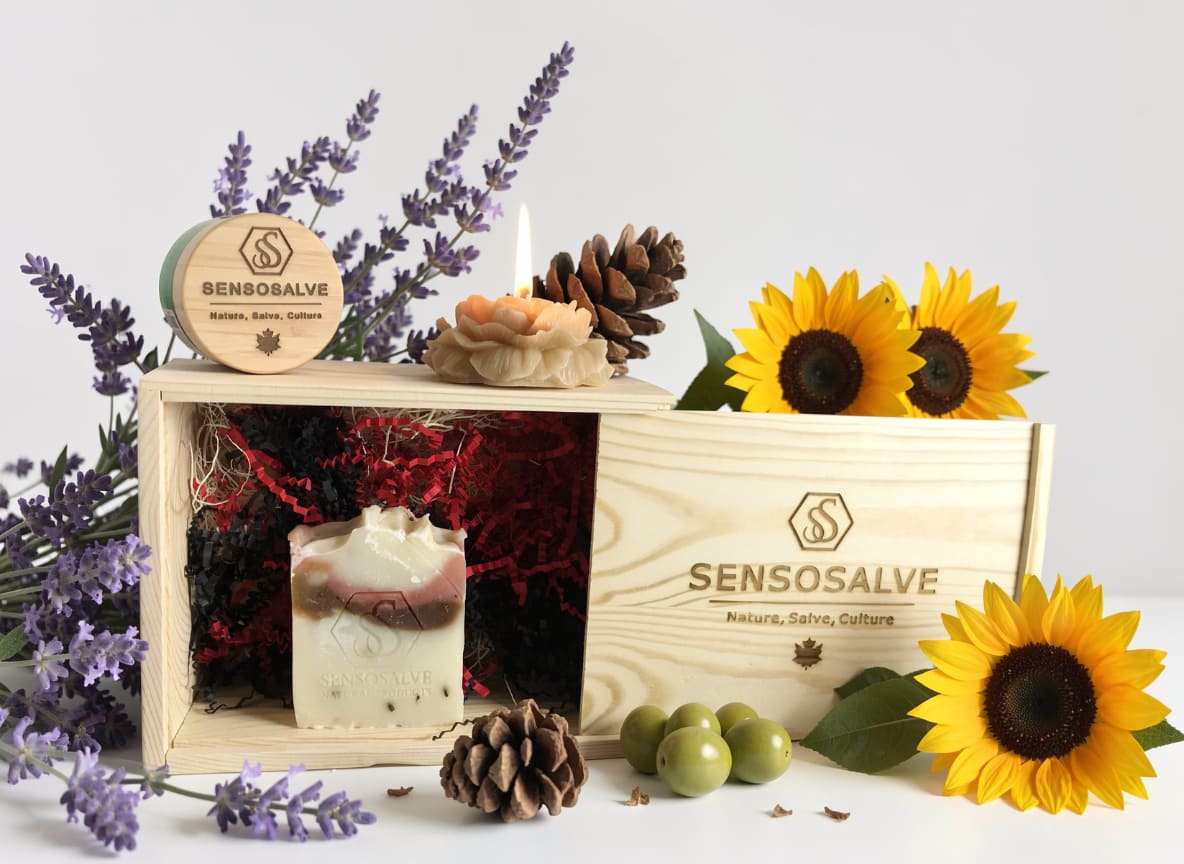 Natural SENSOROOT wooden gift box with lavender soap, beeswax candle and handmade tallow cream by Sensosalve Richmond BC