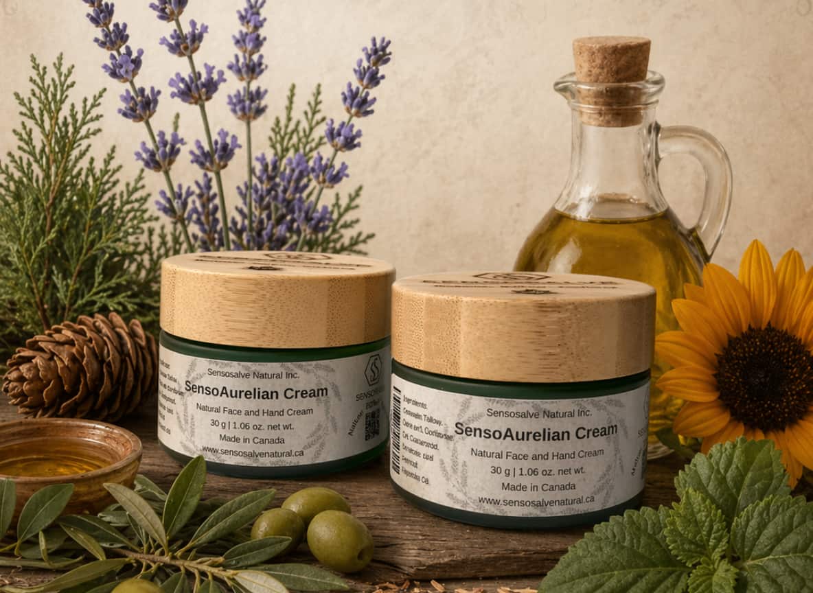 two-30-g-green-glass-jar-with-100-natural-tallow-lotion-olive-oil-lavender-patchouli-cedarwood-essential-oils-vintage-background-canadian-face-hand-cream-candle-soap-salve-sensosalve-richmond-bc.jpg